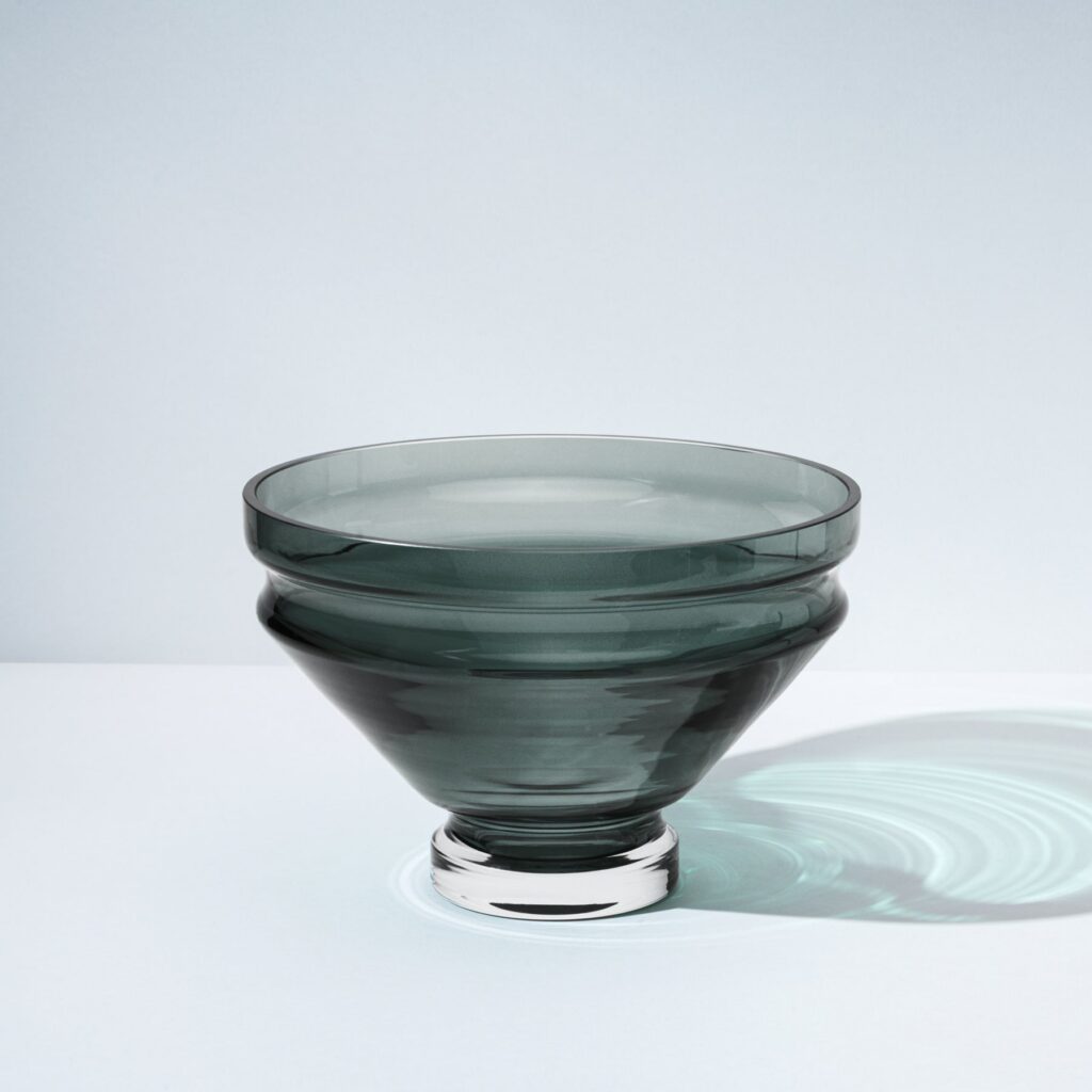 Large Smokey Gray Sculptural Ripple Glass Bowl